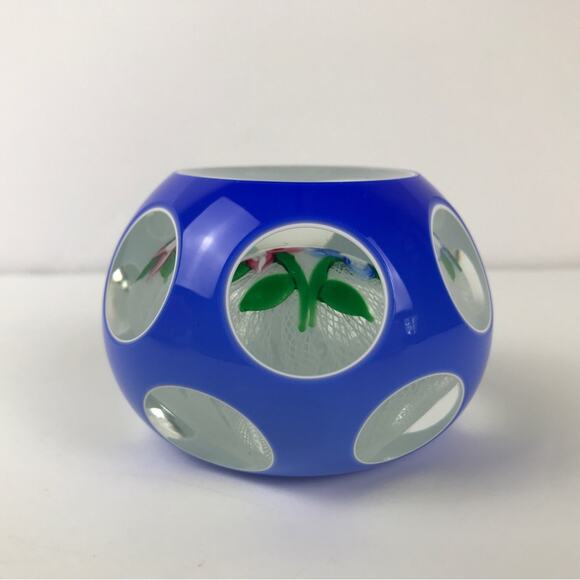 John Deacons Double Overlay Two Flower Lampwork Latticinio Faceted Paperweight - Picture 5 of 15